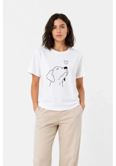 Defymoda Köpek Figürlü Minimal Baskılı Tişört Kısa Kol Yazlık T-shirt - Beyaz