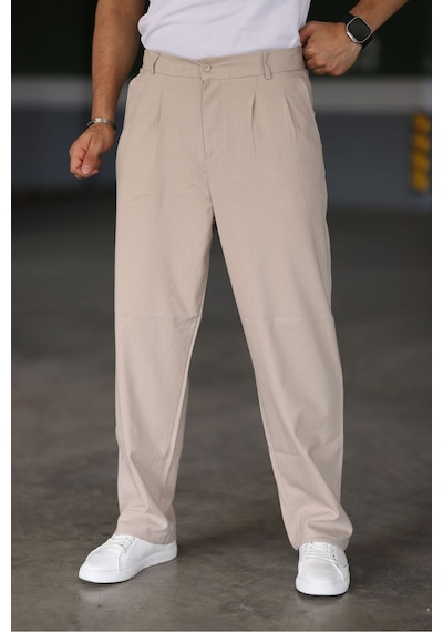 Bürke Baggy Çift Pileli Krem Renk Beli Lastikli Kaliteli Rahat Kesim Klasik Bol Paça Baggy Pantolon