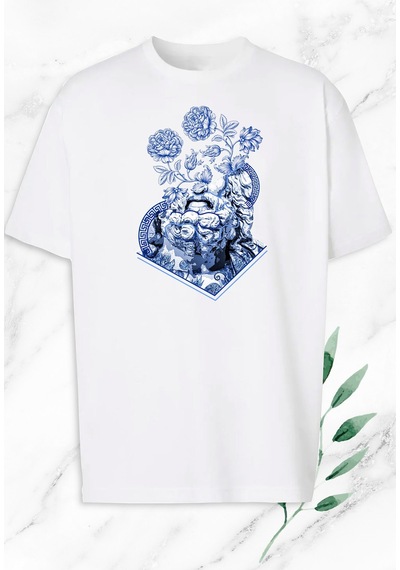 Flood Of Style Unisex Beyaz Oversize Mitoloj Zeus Heykel Baskılı T-shirt