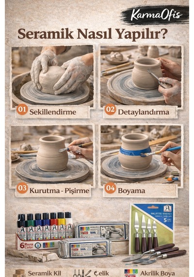 Seramik Hobi Başlangıç Seti 5x500gr Kil + 6'lı Akrilik Boya + 5'li Spatula Seti