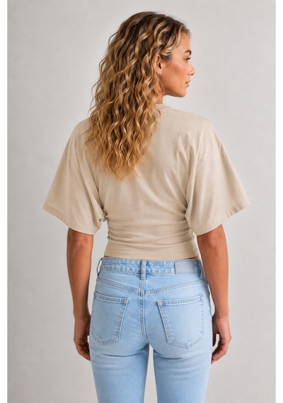 Overmax Bele Oturan Oversize Kollu Premium Crop Bluz Bej - 880759104 Bej