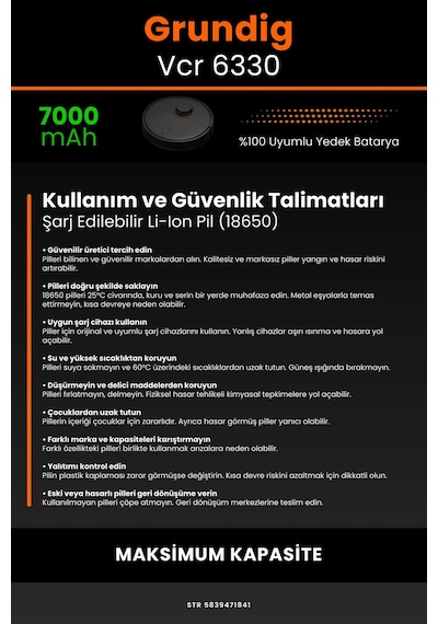 Grundig Uyumlu Vcr 6330 7000mAh Robot Süpürge Bataryası