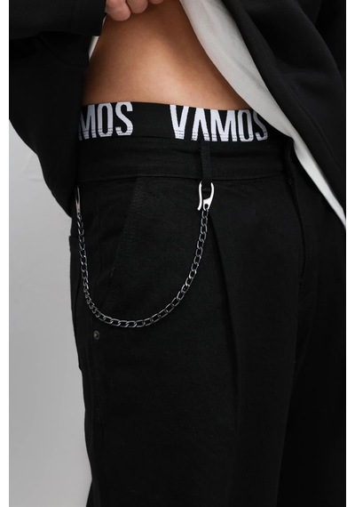Vamos Pileli Zincir Detaylı Baggy Jean Siyah