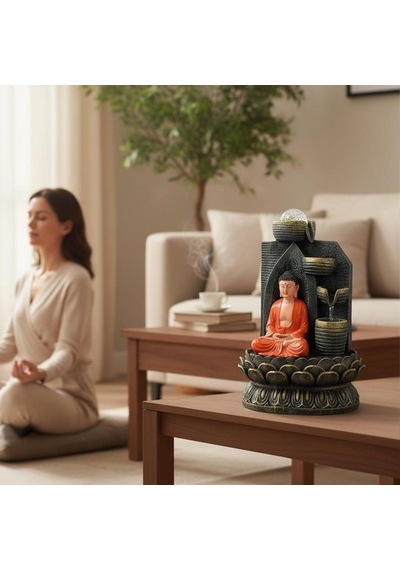 Dekoratif Büyük Şelaleli Led Işıklı Buddha Masaüstü Dekoratif Su Çeşmesi Akan Su Efektli Feng Shui Meditasyon, Yoga, E