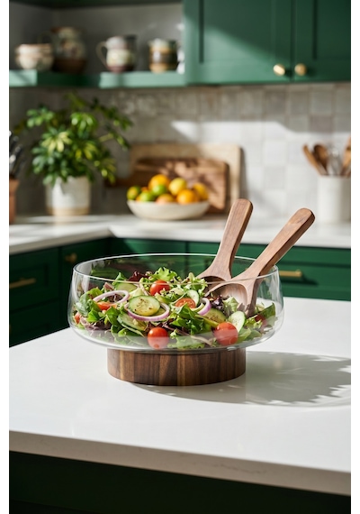 Bosco Akasya Salata Servis Kasesi & Çatal Kaşık - 4300 Ml Şeffaf