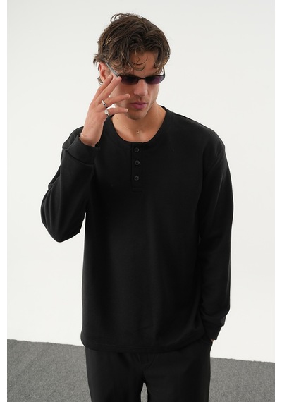 Redline Taren Oversize Erkek Kışlık Düğmeli Sweatshirt SIYAH