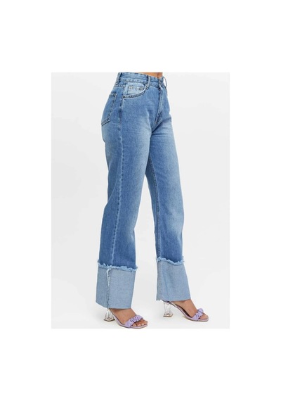 Kene Jeans Yüksek Bel Mavi İşlemli Ters Paça Püskül Detaylı Kot Jeans Mavi İşlemli
