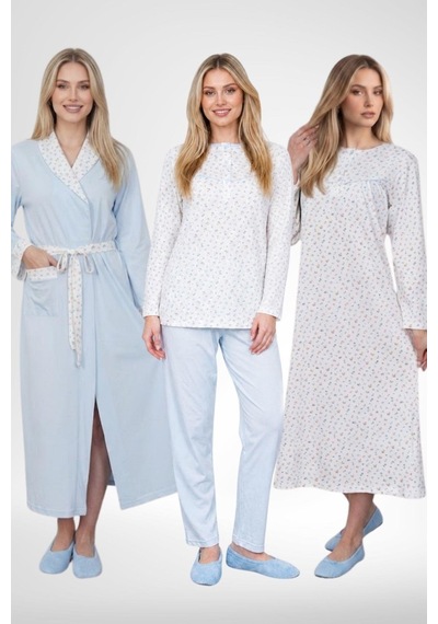 Mecit Pijama Mecit 6384 Mavi Büyük Beden Kadın Sabahlık Pijama Gecelik Seti