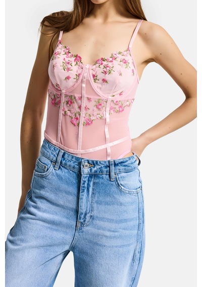 Kadın Pembe W5 Çıtçıtlı Toparlayıcı Özel Çiçek Ve Dantel Desenli Tasarım Askılı Body