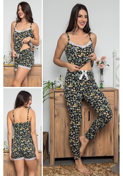 Myben Kadın Siyah Renkli Dantel Detaylı Şortlu Ve Taytlı Pijama Takımı 3'lü Set 75011 Siyah