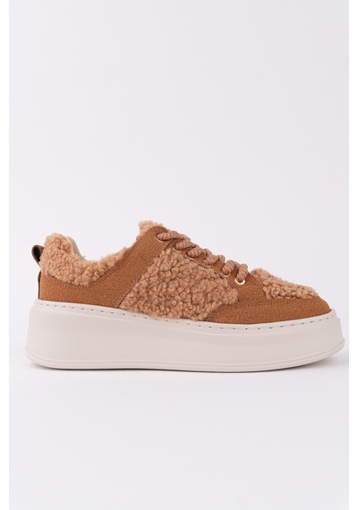 Muggo Fleecy Kalın Taban Bağcıklı Peluş Detaylı Kadın Kışlık Sneaker Spor Ayakkabı Taba