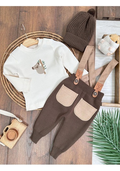 Tiwitibaby Triko Çapraz Askılı Salopet Koala Figürlü Esnek Kaşkorse Badi Bereli Unisex Bebek Takım Kahve