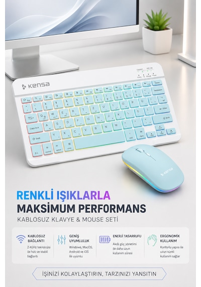 Tablet Ve Bilgisayar İçin Rgb Led Işıklı Taşınabilir Kablosuz Bluetooth Klavye Ve Dongle'lı Mouse Seti Mavi