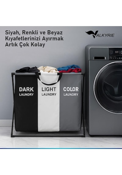 Valkyrie 3 Bölmeli Katlanabilir Çamaşır Sepeti Siyah Beyaz Renk Ayırmalı Çamaşır Organizer Diğer