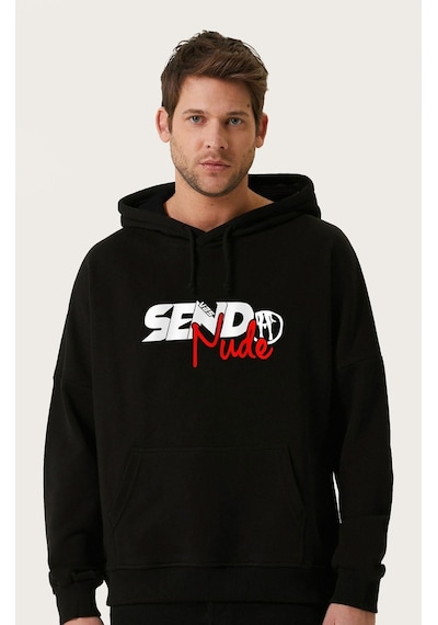 Unisex Oversize Send Nudes Baskılı Kapüşonlu Sweatshirt Siyah