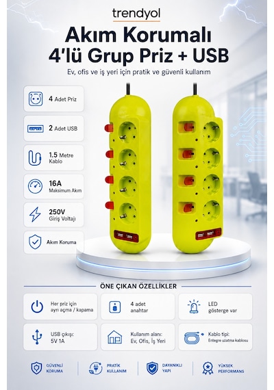 4'lü Grup Priz 2 Usb'li 1.5 Metre Ayrı Anahtarlı Akım Korumalı Uzatma Kablosu 16a 250v Ev Ofis Tipi