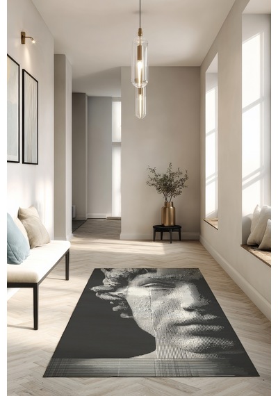 Allure 101 Siyah Beyaz Yüz Tasarım Halı Yıkanabilir Halı İnce Kilim Halı Oturma Odası Salon Halısı