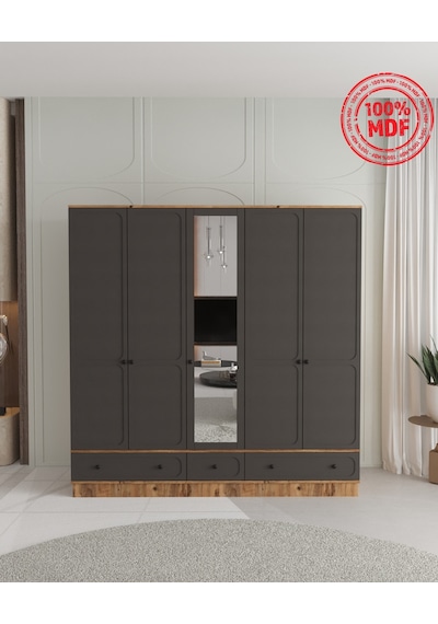 Irmak 5 Kapaklı Çekmeceli Bazalı Gardırop - Tamamı Mdf Antrasit