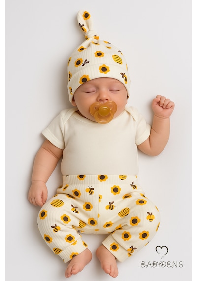 Babyden's Arı Desenli Bebek Takımı Pamuklu Kısa Kol Body Pantolon Ve Şapka Seti Yenidoğan Kız Erkek Bebek Alt Üst Takım Ekru