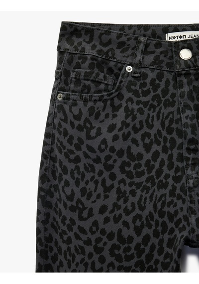 Koton Cepli Yüksek Bel Leopar Desenli İspanyol Paça Jean Pantolon - Flare Jeans Gri 6sal40053mw Gri