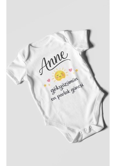 Morivokids Anne, Gökyüzümün En Parlak Güneşi Kısa Kollu Bebek Body Beyaz