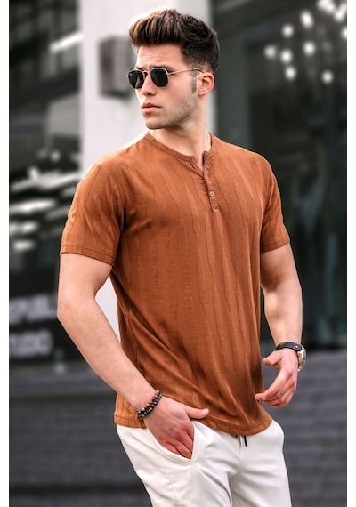 Madmext Erkek Camel Düğmeli Tişört 5831-Camel