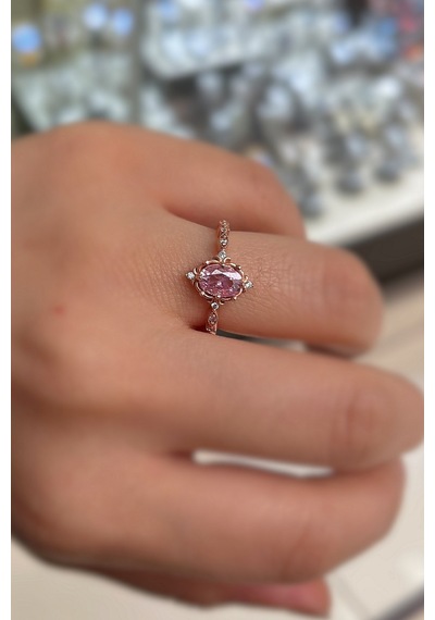 925 Ayar Gümüş Oval Pembe Taşlı Vintage Tasarım Kadın Yüzük Rose