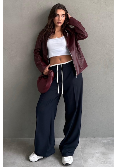 Madmext Lacivert Çift Bel Bantlı Wide Leg Kadın Pantolon Mg2551 Lacivert