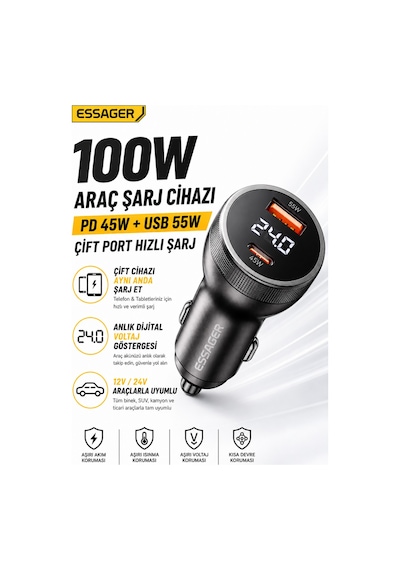 Essager 100w Çift Port Araç Şarj Cihazı Type-c Usb Hızlı Şarj Dijital Voltaj Göstergeli
