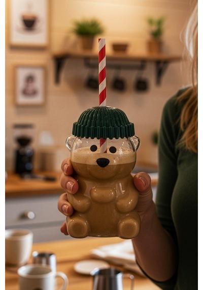 Snippy Bear - Cam Ayıcık Bardak Pipetli Kahve Bardağı Barista İçecek Bardağı 550 Ml Şeffaf