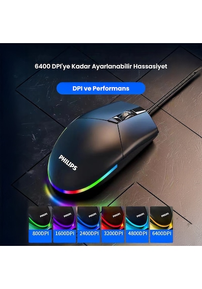 Philips SPK9304 USB Kablolu 6400DPI 6 Tuşlu RGB Aydınlatmalı Optik Gaming Mouse