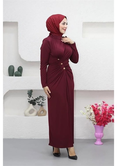 Neşeli Butik Kadın Likralı Düğme Detaylı Tesettür Elbise Nms046 Bordo