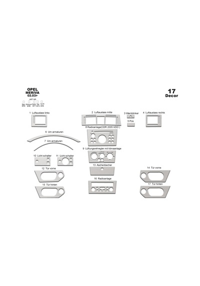 Opel Meriva Torpido Kaplama 2003-2007 17 Parça Alüminyum
