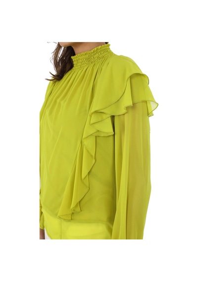 Omuz Fırfırlı Yaka Gipeli Şifon Bluz 6001-olive