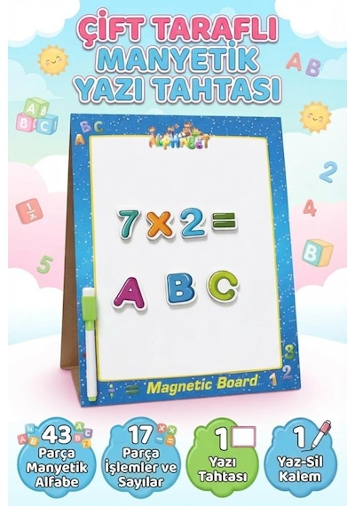 Çift Taraflı Manyetik Yazı Tahtası 43 Parça Eğitici Magnet Harfler 17 Parça Sayılar Oyun Seti