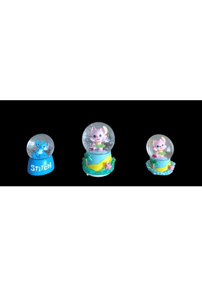 9cm-6cm Işıklı Pembe Ve Mavi Renk Ve Sarı Altlık 11cm X7 Cm Pilli Pembe Işıklı Hediyelik-dekoratif 3 Lü Stitch Kar Küresi 1