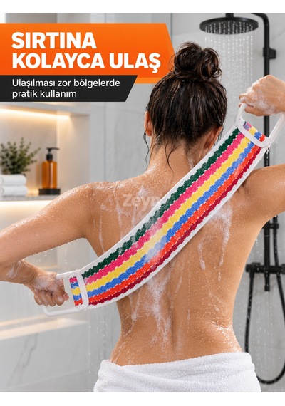 Renkli Xl Sırt Banyo Kesesi 75 Cm Çift Tutma Saplı Uzun Sırt Kesesi