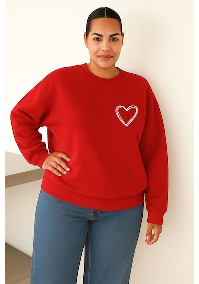 Benroma 3 İplik Penye Kalp Baskılı Büyük Beden Unisex Sweatshırt Kırmızı