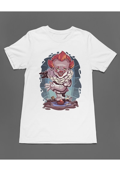 Bumeta It Pennywise Chibi Çizgi Film Dizi Unisex Tişört T-shirt Beyaz