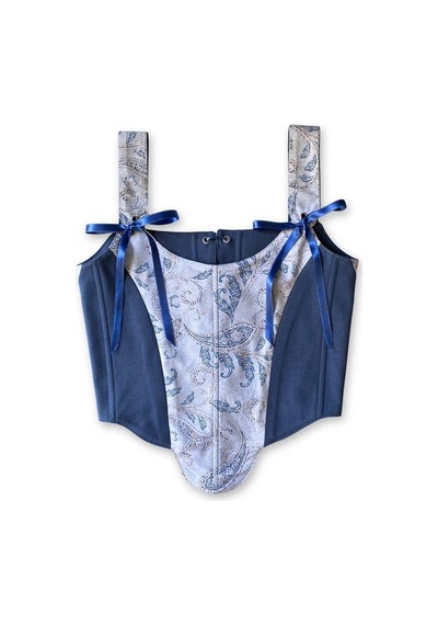 L'aura Corset İndigo Paisley Desenli Çift Taraflı Bayan Korse Lacivert