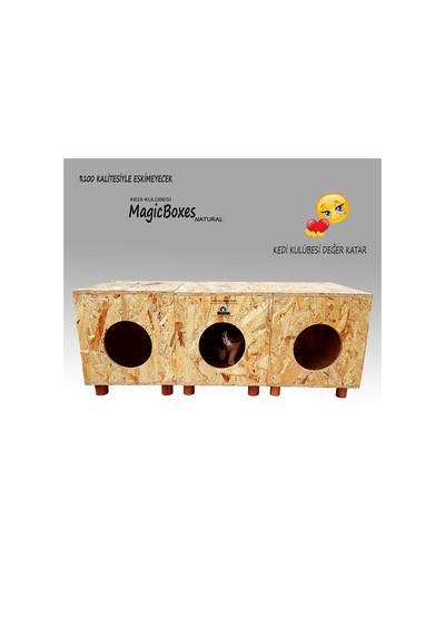 Kedi Kulübesi Profesyonel Magicboxes Natural Ahşap Kedi Evi 3'lü 37 x 36 x 93 CM