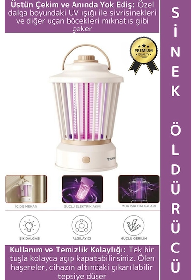 Premium İç Dış Mekan Uv Işık Lamba Sivrisinek Kovucu Sineksavar Şarjlı Asılır Sinek Öldürücü Beyaz