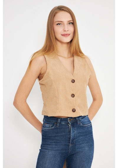 Armonika Kadın Bej V Yaka İnce Fitilli Kadife Yelek Arm-25k001008