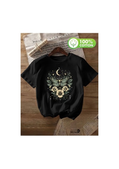 Herkesemoda Kelebek Çiçek Baskı Detaylı Basic T-shirt Siyah