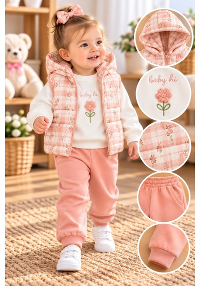 Baby Hi Süzine Çiçekli Şişme Yelekli Kız Üçlü Takım 9-18 Aylık -dü670342 - Somon