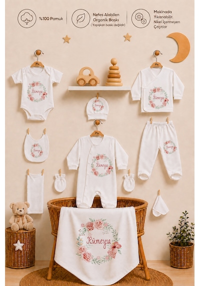 Pia Baby İsimli Kız Bebek Hastane Çıkışı 10 Parça %100 Pamuk Organik Baskılı Kişiye Özel Set 2091103x Ekru