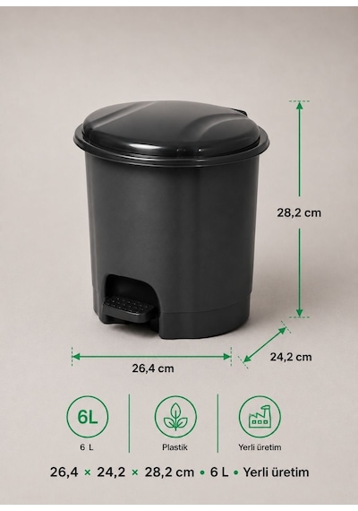 Antrasit Pedallı Çöp Kovası 6 L İçi Kovalı Hijyenik Banyo Ve Makyaj Masası Tipi Küçük Boy Çöp Kutusu