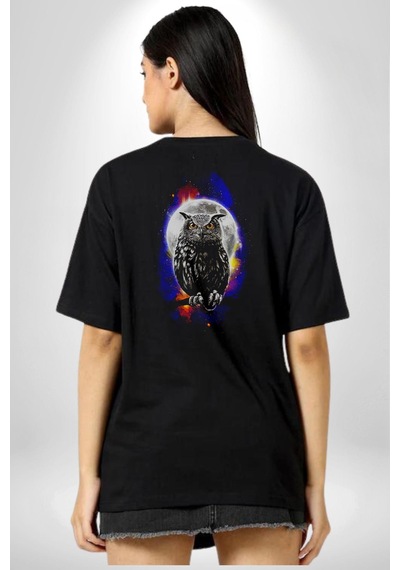Baykuş Ay Gece Uğur Pamuklu Unisex Oversize Sırt Dijital Baskılı Siyah T-shirt Siyah