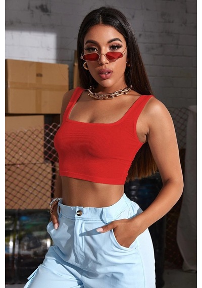 Beru Kadın Kırmızı Kalın Askılı Crop Top Büstiyer L
