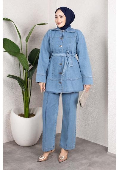 Misskayle Kuşaklı Düğmeli Denim Takım Rahat Kesim İkili Kombin Buz Mavisi Buzmavi